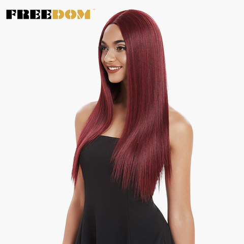 FREEDOM Middle Part High Temperature Fiber Red Black 26 inch Long  Straight Natural Hairline Synthetic Lace Front Wigs For Women ► Photo 1/6