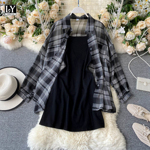 LY VAREY LIN 2022 New Summer Autumn Casual Two Piece Set Long Sleeve Plaid Grey Overcoats Spaghetti Strap Slim Black Solid Dress ► Photo 1/6