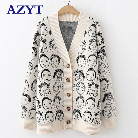 AZYT Autumn Winter New Comic V neck Cardigan Female Jacket 2022 Knitwear Sweater Coat Casual Knit Jacket Sweater For Women ► Photo 1/6