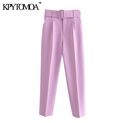 KPYTOMOA Women 2022 Chic Fashion High Waist With Belt Pants Vintage Zipper Fly Pockets Office Wear Female Ankle Trousers Mujer ► Photo 1/6