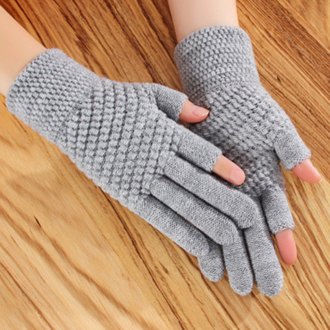 Unisex Cashmere Half-finger Cycling Mittens Women Winter Warm Thick Knit Wool Fingerless Writing Touch Screen Driving Gloves H68 ► Photo 1/6