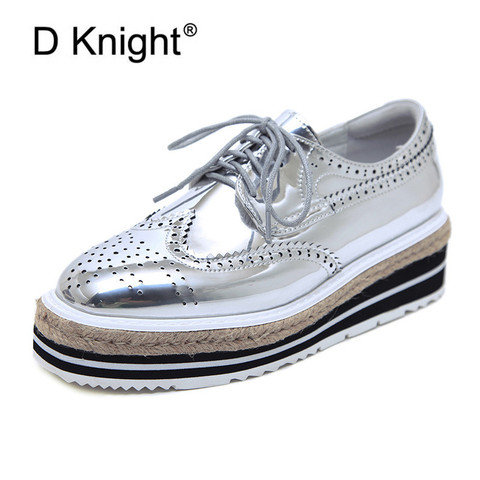 Patent Leather Women Platform Oxfords Brogue Flats Shoes Lace Up Square Toe Brand Female Footwear Shoe For Women Creepers Silver ► Photo 1/6