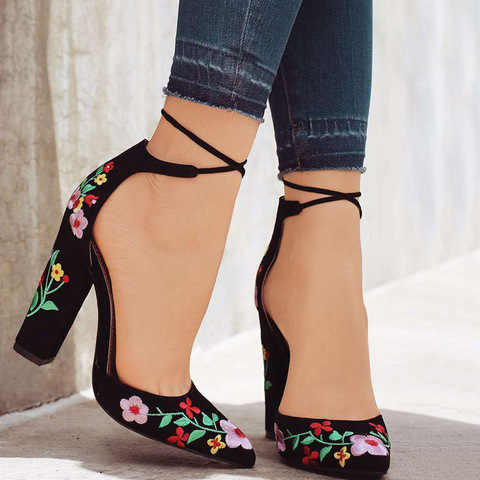 Women High Heels Plus Size Embroidery Pumps Flower Ankle Strap Shoes Female Two Piece Sexy Party Wedding Pointed Toe tyh78 ► Photo 1/5