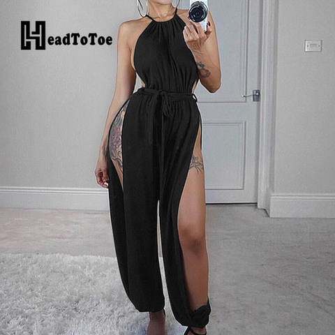 Sexy Sleeveless Side Slit Halter Rompers Women Jumpsuits Solid Slim Party One Piece Overalls Clubwear ► Photo 1/6