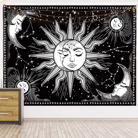 Psychedelic Tarot Astrology Witchcraft White Black Sun Moon Mandala Tapestry Wall Hanging Dorm Decor Art Celestial Wall Tapestry ► Photo 1/6