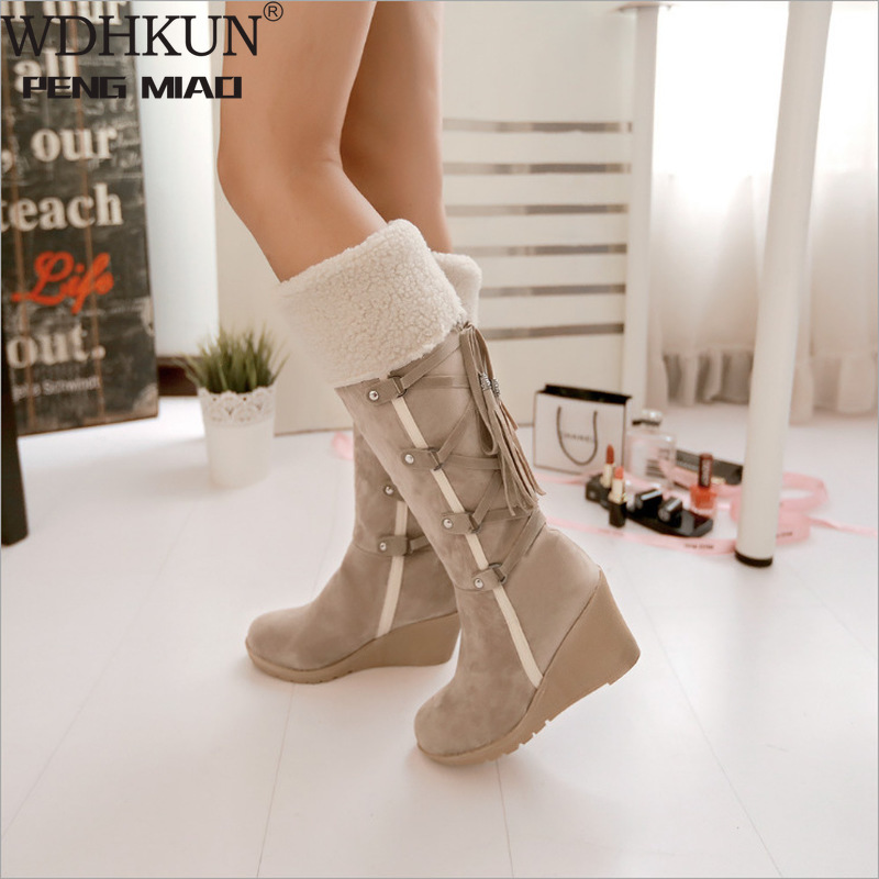 Plus Size 34-43 2018 Knee High Boots Square Heel Winter Snow Round Toe Warm Platform Fashion Ladies Shoes