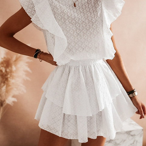 BOHO INSPIRED layered ruffle summer dress for women white cotton mini boho dress elastic waist ruffled sleeve ladies party dress ► Photo 1/6