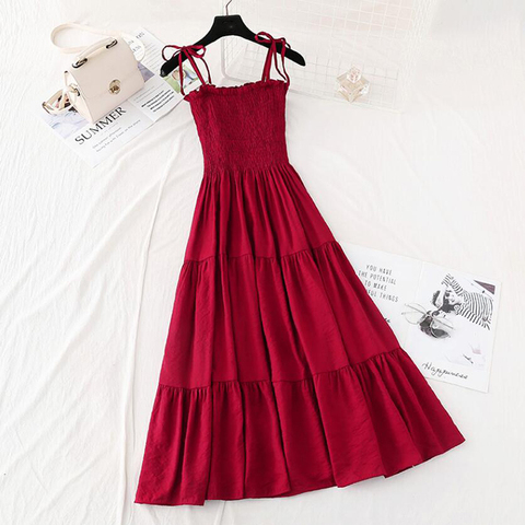 Women Summer Bohemian Strap Long Dress Korean Vintage Cotton linen Ruffled Dress Sundress Sleeveless Slim Beach Holiday Dresses ► Photo 1/6