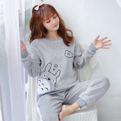 Cartoon Women Pajamas Set Winter Sleepwear Fleece Velvet Warm