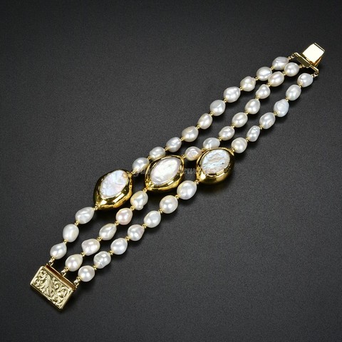 GuaiGuai Jewelry Natural Pearl 8'' 3 Rows Cultured White Baroque Pearl White Keshi Pearl Bracelet ► Photo 1/4