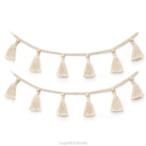 Nordic Cotton Rope Wooden Bead Garland with Tassel Wall Hanging Nursery Props Ornament Kids Baby Room Decor S24 20 Dropship ► Photo 1/6