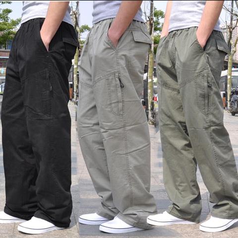 spring Men cargo cotton pants pocket large size big 8XL 10XL 9XL 140KG loose out door casual safari style pants black 46 48 50 ► Photo 1/6