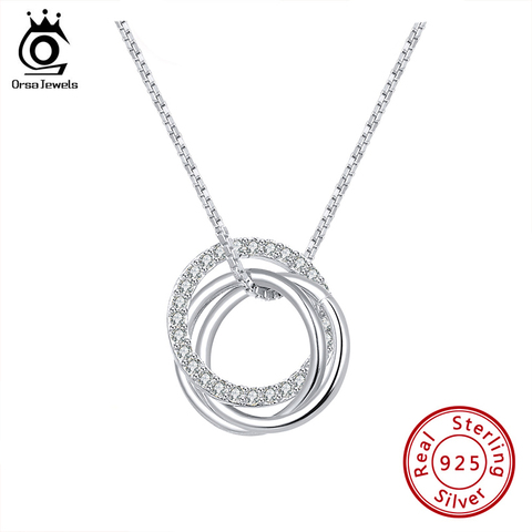 ORSA JEWELS Pure 925 Sterling Silver Pendant Necklace Women Clear AAAA Zircon Combine Circle Fashion Party Gift Jewelry SN175 ► Photo 1/6