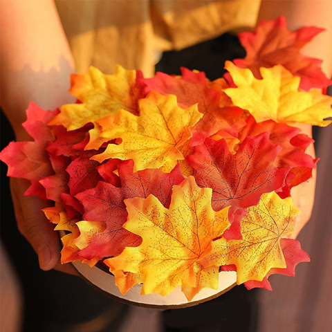 Top Sale 100Pcs Artificial Silk Maple Leaves Garland Silk Autumn Fall Leaf for Wedding Garden Decoration Orange/Green/Yellow ► Photo 1/6