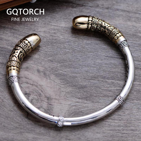 Genuine 925 Sterling Silver Jewelry Vintage Cuff Bracelets Men Monkey King Golden Cudgel High Polished Top Quality ► Photo 1/6