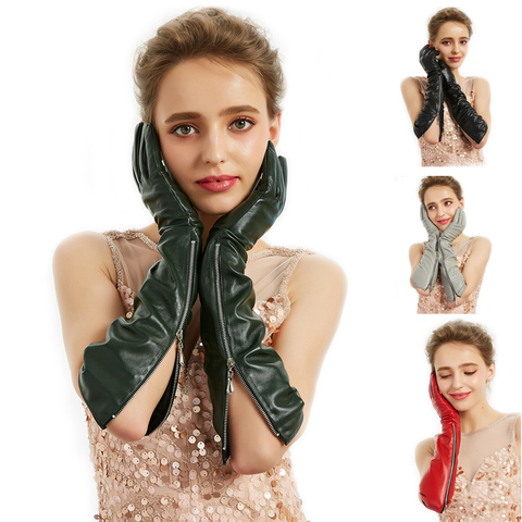 Women real sheep leather  side visible open zipper long gloves ► Photo 1/6