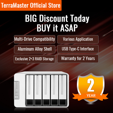 TerraMaster D5-300C USB3.0(5Gbps) Type C 5-Bay RAID Enclosure Support RAID 0/1/Single Exclusive 2+3 RAID Mode (Diskless) ► Photo 1/6