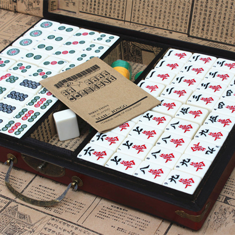 Large Mahjong Portable Wooden Boxes Set Table Game Mah-jong Travelling Board Game Indoor Antique Leather Box English Manual ► Photo 1/1