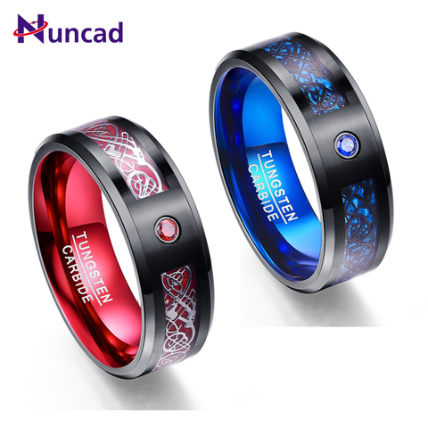 Nuncad 8mm Men's Ring Tungsten Carbide Ring Wedding Band Celtic Dragons Red Green Blue Carbon Fiber Tungsten Ring Comfort Fit ► Photo 1/6