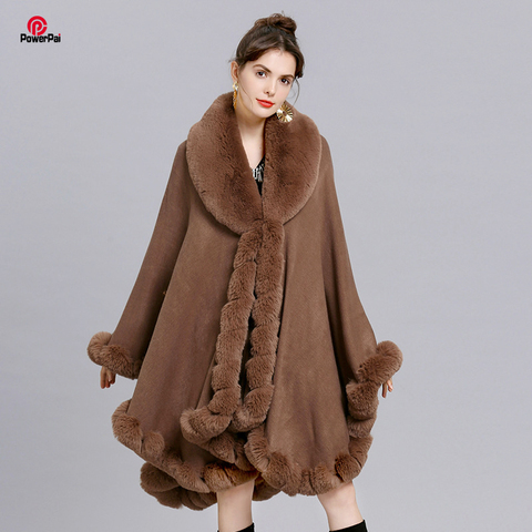 Elegant V Lapel Rex Rabbit Fur Coat Cape Winter Women Big Long Shawl Full Trim Faux Fur Cashmere Cloak Overcoat Parka 2022 New ► Photo 1/6