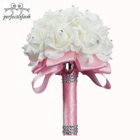 1Piece White Satin Romantic Wedding bouquet Cheap Bridesmaid Wedding Decoration Foam flowers Rose Bridal bouquet ► Photo 1/6