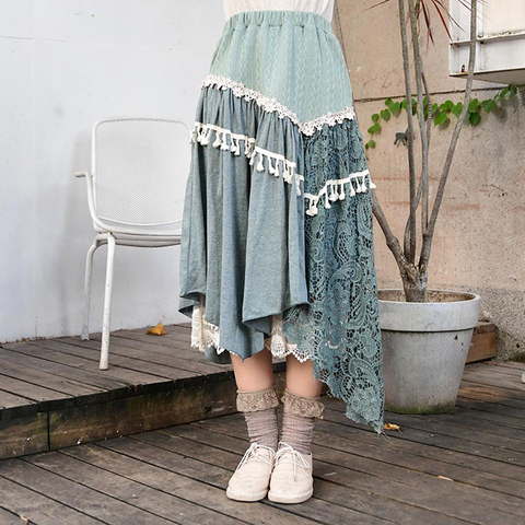 Spring Mori Girl Japanese Sweet Vintage Skirt Women Clothing Lace Patchwork Irregular Mid Calf Length Female Kawaii Skirts A296 ► Photo 1/6