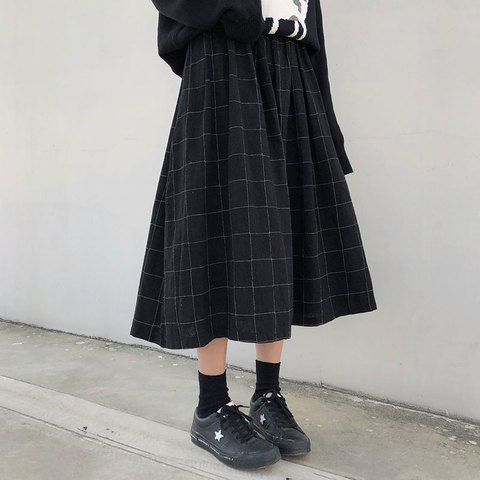 2 colors japanese style high elastic waist Long Skirts Woman 2022 autumn winter plaid A-line pleated Skirts womens (X1078) ► Photo 1/4