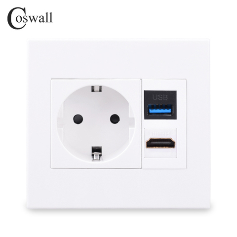 Coswall PC Panel 16A EU Wall Power Socket With Female to Female HDMI 2.0 & USB 3.0 Connector ► Photo 1/1