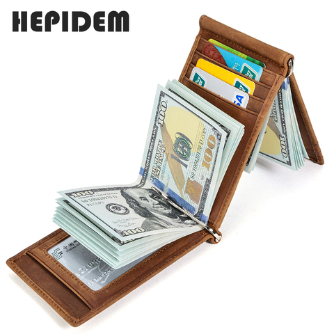 HEPIDEM RFID High Quality Crazy Horse Genuine Leather Slim Wallet 2022 New Front Pocket Money Dollar Bill Purse for Men HW2022 ► Photo 1/6