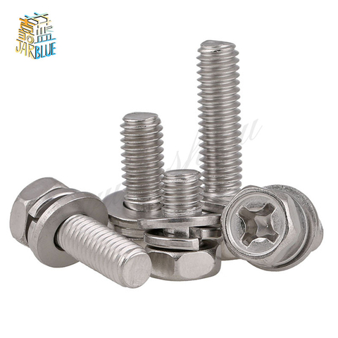 1-50pcs Cross recessed Hex Head Screw with Washer Three Sem Screw M4 M5 M6 M8 Stainless Steel Metric Three Combination Thread ► Photo 1/2