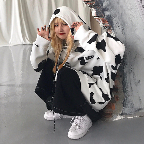 Cute Dairy Cow Print Women Oversized Hoodies 2022 Autumn Warm Pocket Hooded Sweatshirt Casual Loose Print Winter Pullover Ladies ► Photo 1/6