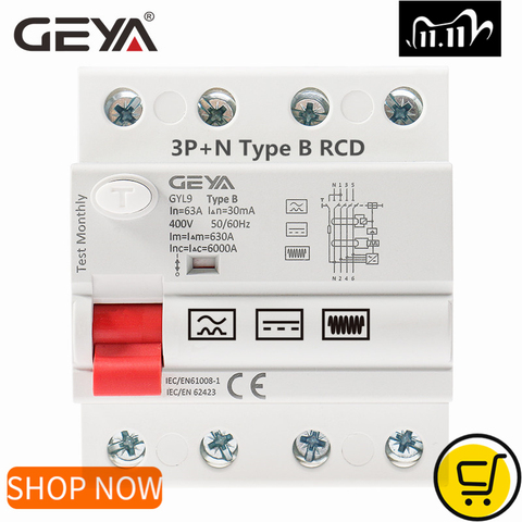 GEYA Din Rail Earth Leakage Current breaker DC RCCB RCD 4P 63A 30mA 300mA Type B 10KA ► Photo 1/6