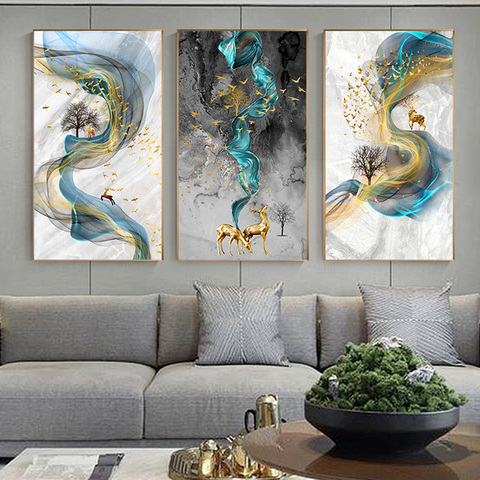 Abstract Golden Deer Posters and Prints Blue Fabric Wall Art Canvas Painting Big Size Picture for Living Room Nordic Home Decor ► Photo 1/6