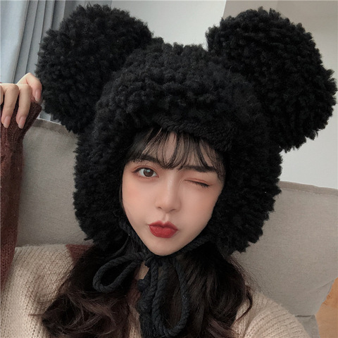 Women Winter Thicken Plush Warm Earflap Hat Cute Bear Ears Windproof Beanie Cap with drawstring Chin Strap ► Photo 1/6