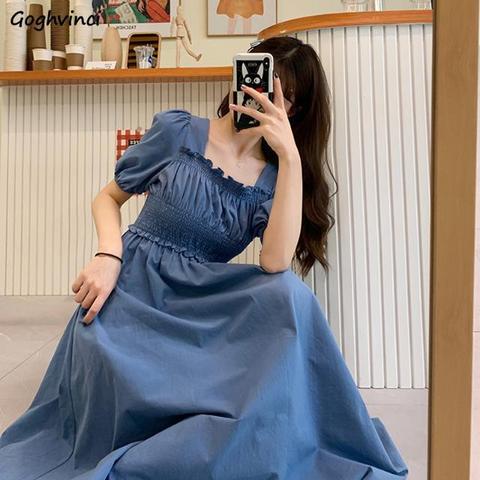 Short Sleeve Dress Women Summer Solid Pleated Square Collar Mid-calf Elegant Korean Simple Leisure Loose Preppy Womens A-line BF ► Photo 1/6