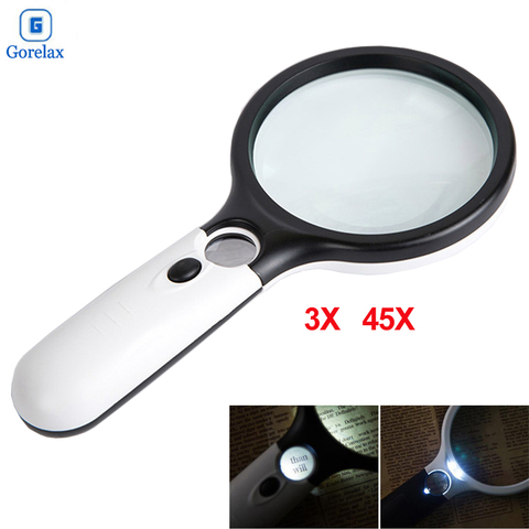 Handheld 45X 3X Magnifier Reading Magnifying Glass Jewelry Loupe With 3LED  Light