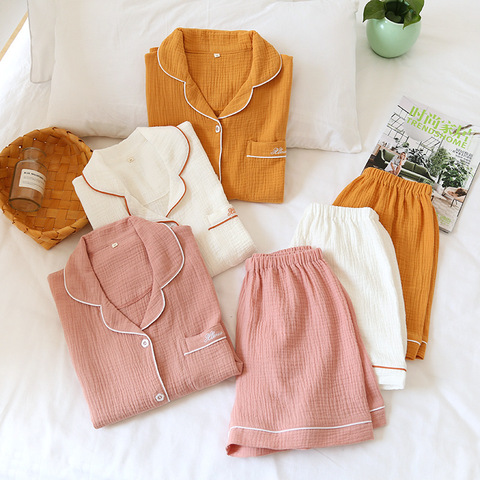 Couple 100% Cotton Pajamas For Women Summer Short Sleeve Tops + Shorts Men Home Suit Solid Loose Homewear Female Sleepwear Set ► Photo 1/6