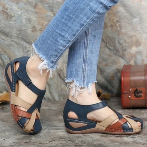 Women Sandals 2022 Summer Soft Sole Closed Toe Wedges Shoes Hollow Out Non Slip Pu Leather Ladies Shoes Mixed Color Female Shoes ► Photo 1/6