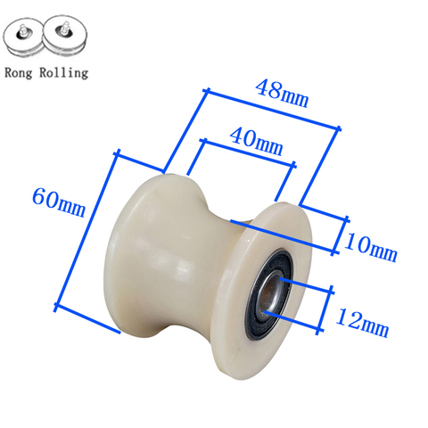 Sliding grooved nylon roller diameter 60mm,thickness 48mm,U-groove diameter 50mm,gate nylon wheel with double 6201RS bearings. ► Photo 1/6