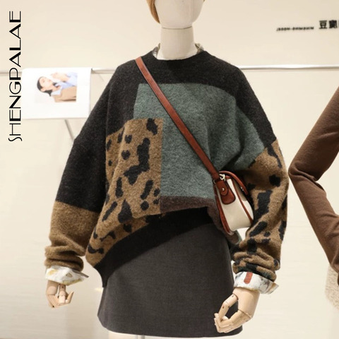 SHENGPALAE 2022 New Autumn Long Sleeve Jumper Knitted Loose Fashion Pullover Femme Leopard Hit Color Sweater ZA5272 ► Photo 1/5