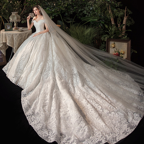 Wedding Dress 2022 Vestido De Noiva Elegant Boat Neck Wedding Gown With Train Princess Luxury Lace Robe De Mariee ► Photo 1/5