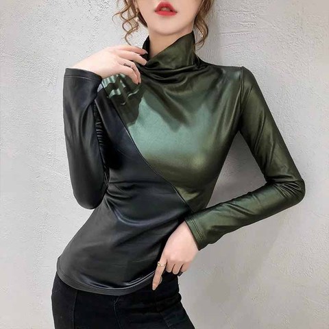 2022 New Fashion Leather Bottoming T-Shirt Women Autumn Winter Turtleneck Plus Velvet Stitching Color Tops Slim Warm Tees KW299 ► Photo 1/6