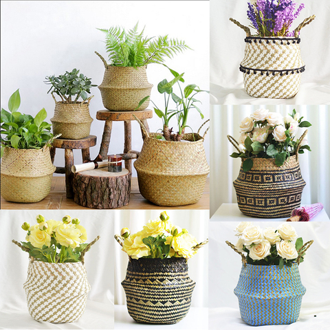 Foldable Handmade Storage Baskets Straw Rattan Garden Flower Planter Pot  NEW