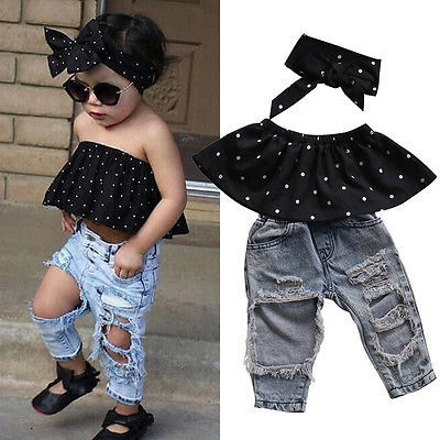 0-3Y Summer Fashion Toddler Clothes Baby Girls Dot Sleeveless Tops+Hole Jeans Outfits Casual 3pcs Clothes Set ► Photo 1/6