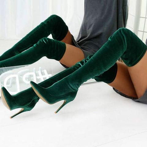 Red blue green solid color over the knee women's boots 2022 suede boots pointed toe elastic high heel frosted high boots women ► Photo 1/4