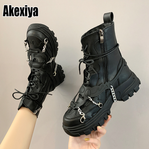 New 2022 Leather Womens Ladies Ankle Boots Mid Heel Lace Up Worker Army Black Goth Shoes Autumn Sexy Chain High Quality p416 ► Photo 1/6