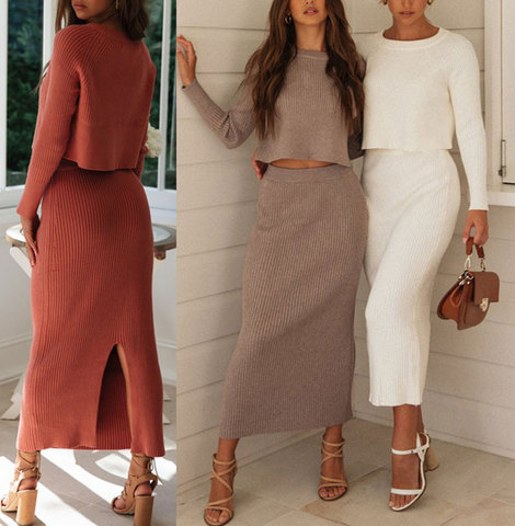 Two Piece Set Women Skirts Winter Suit Long Sleeve Crop Tops+Pencil Skirt 2 Piece Set Slim Lady Women Sweater+Knitted Skirt Set ► Photo 1/6