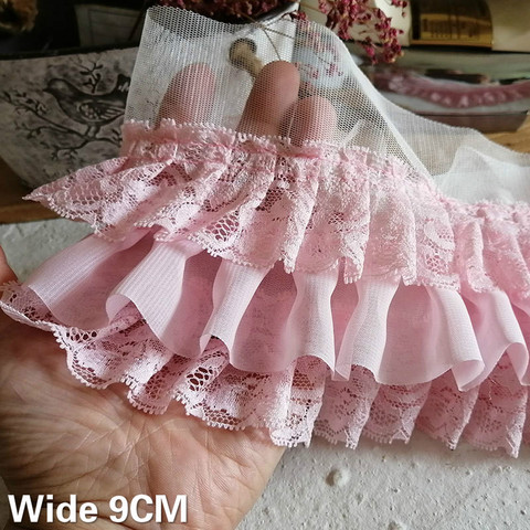 9CM Wide Three Layers Pink Chiffon Lace Applique 3d Flowers Embroidered Fringe Ribbon Sewing Cuffs Collar Skirt Clothing Decor ► Photo 1/5