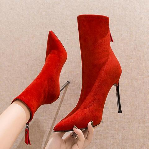 Europea High Heeled Boots Woman Elastic Socks Boots Women's Mid Calf Boots Pointed toes Sexy Booties Chunky Heel Shoes Red ► Photo 1/6