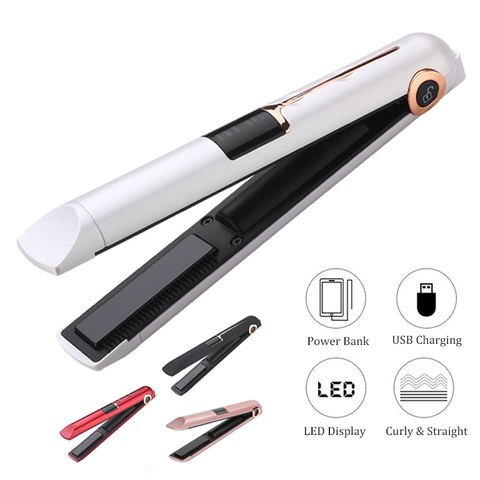Portable USB Rechargeable Hair Straightener And Curler With Power Bank Travel Flat Hair Wand Wireless Straightening Curling Iron ► Photo 1/6